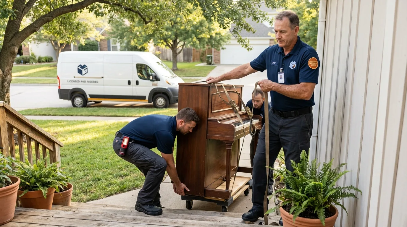 Licensed piano movers securing grand piano in Tampa, FL