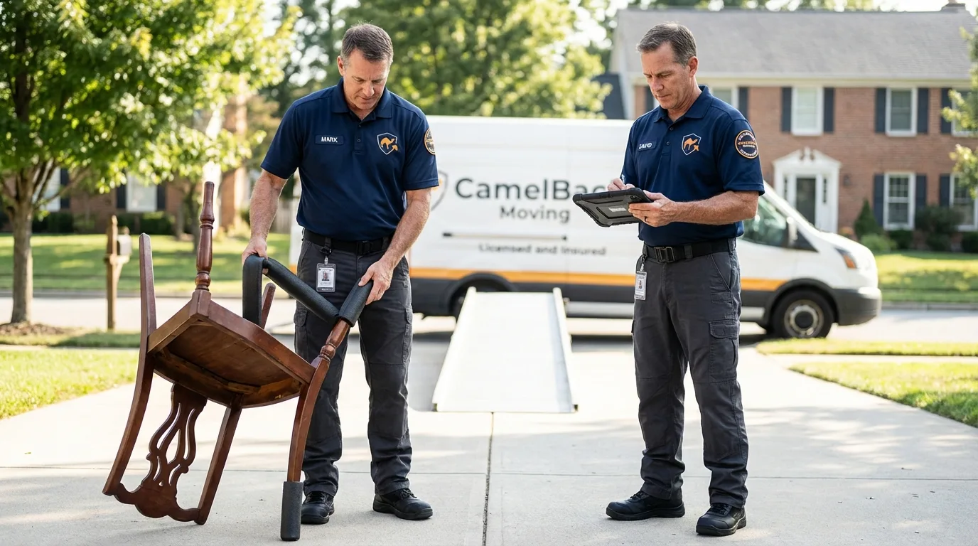 Movers inspecting furniture for damage prevention before loading in Tampa, FL