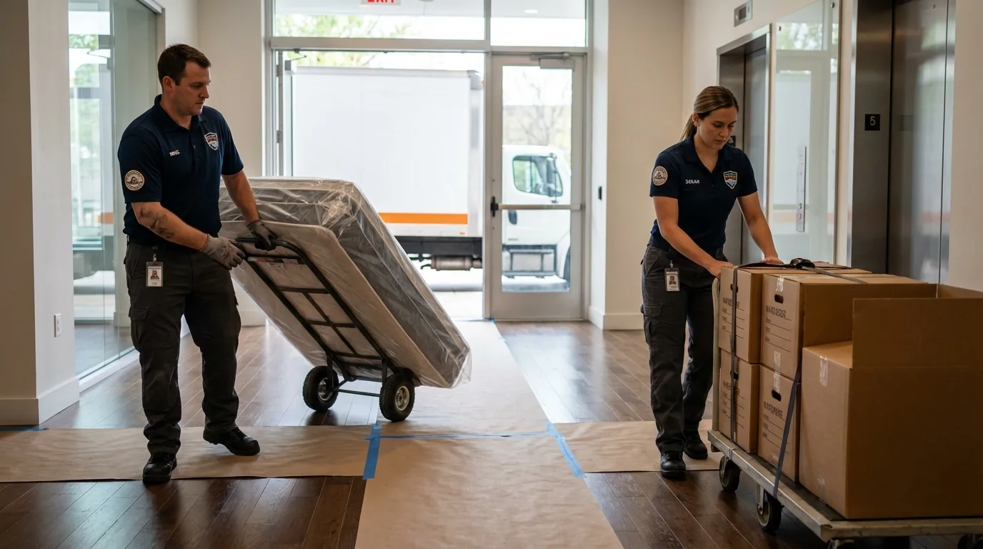Professional apartment movers loading elevator in Tampa, FL
